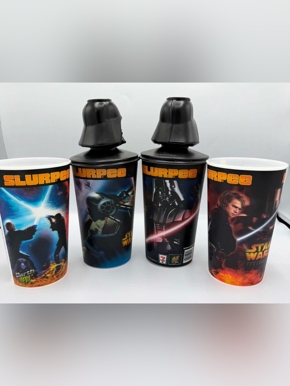 Star Wars Episode III Slurpee Cups 4 Pc w/ 2 Darth Lids 7-11 Mtn Dew Lenticular